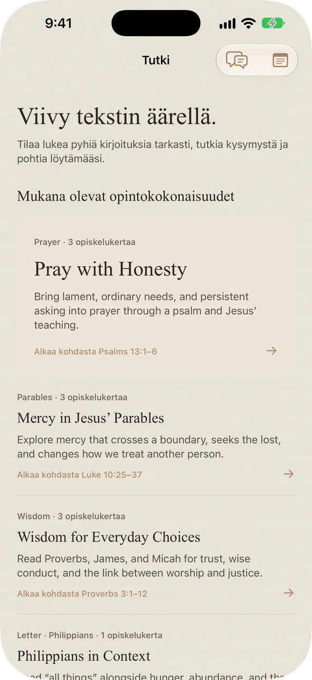 Bible Briten mukana tulevat opinnot rukouksesta, vertauksista, viisaudesta ja Filippiläiskirjeestä