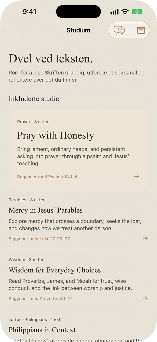 Bible Brite sine inkluderte studiar om bønn, likningar, visdom og Filipparbrevet