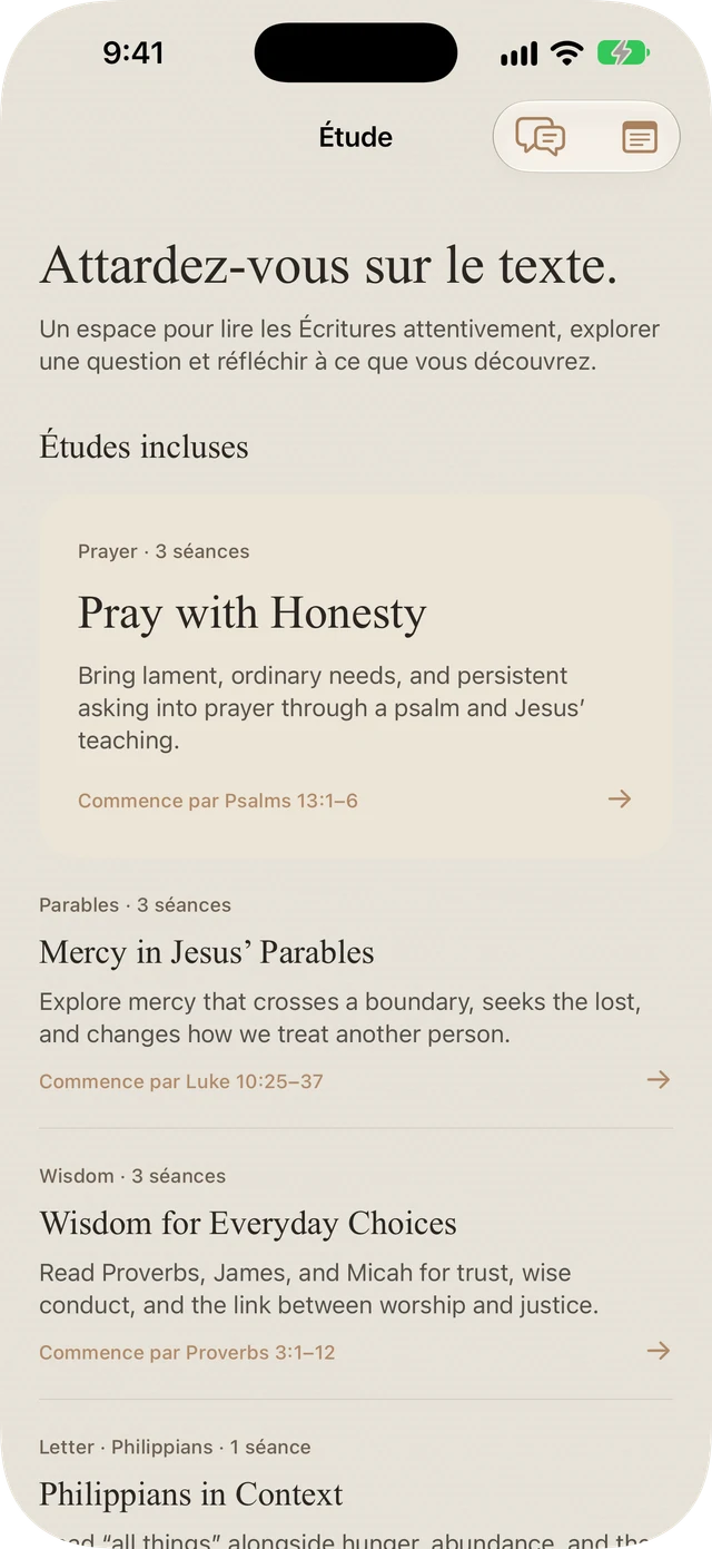 Études incluses de Bible Brite sur la prière, les paraboles, la sagesse et les Philippiens