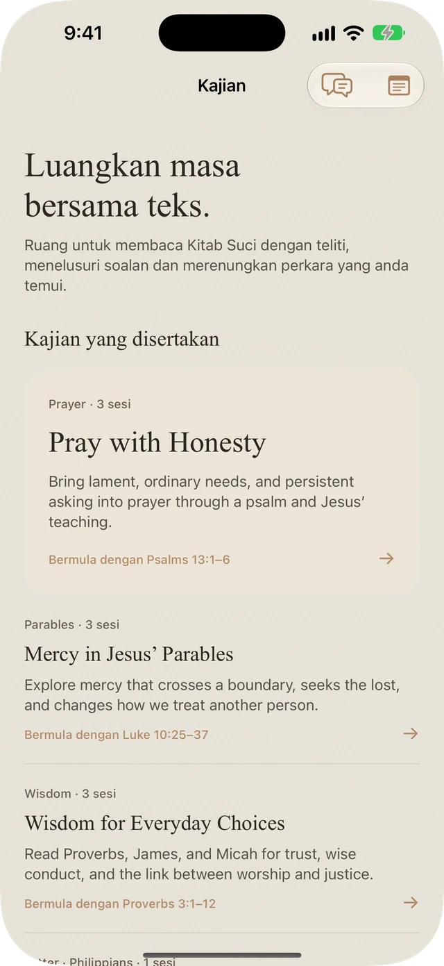 Kajian Bible Brite yang disertakan mengenai doa, perumpamaan, hikmat, dan Filipi