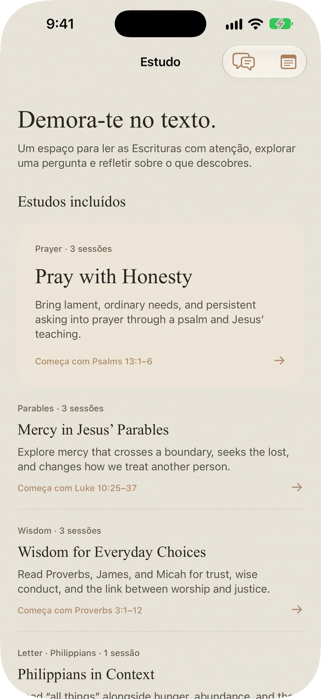 Estudos incluídos da Bible Brite sobre oração, parábolas, sabedoria e Filipenses