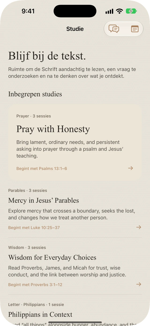 Inbegrepen studies van Bible Brite over gebed, gelijkenissen, wijsheid en Filippenzen
