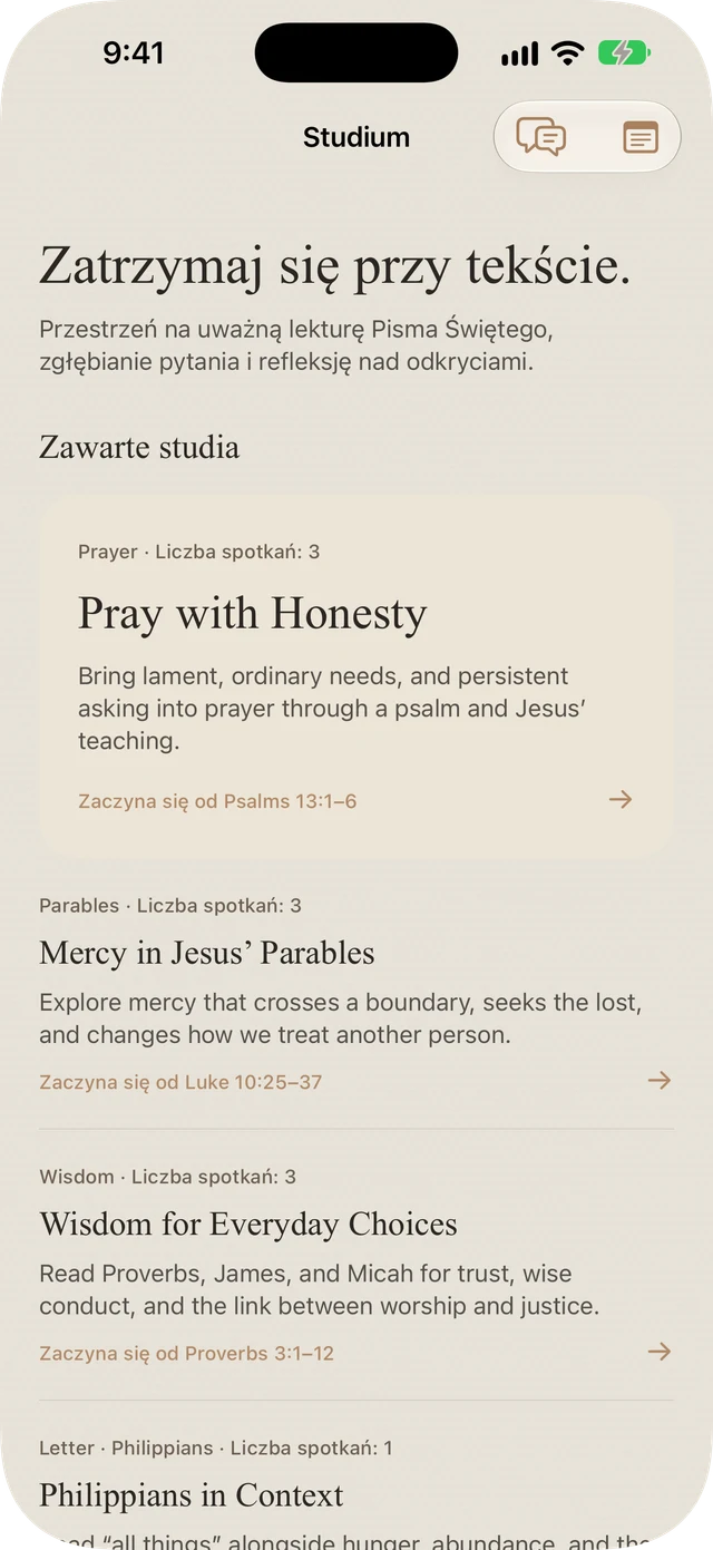 Dołączone do Bible Brite studia nad modlitwą, przypowieściami, mądrością i Listem do Filipian