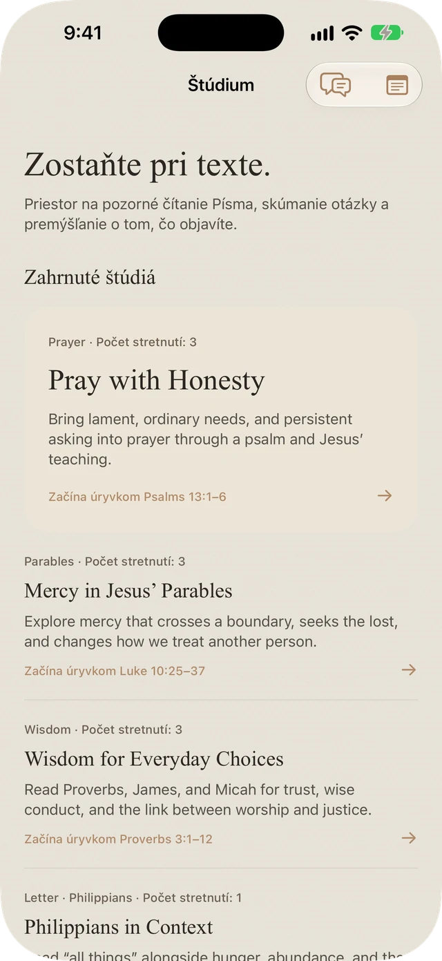 Štúdiá v Bible Brite o modlitbe, podobenstvách, mądrosti a Filipianov